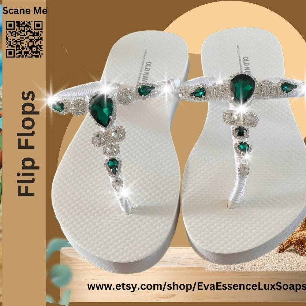 Crystal Flip Flops, Emerald Green Crystals, Beach Sandals, Rhinestone Bling